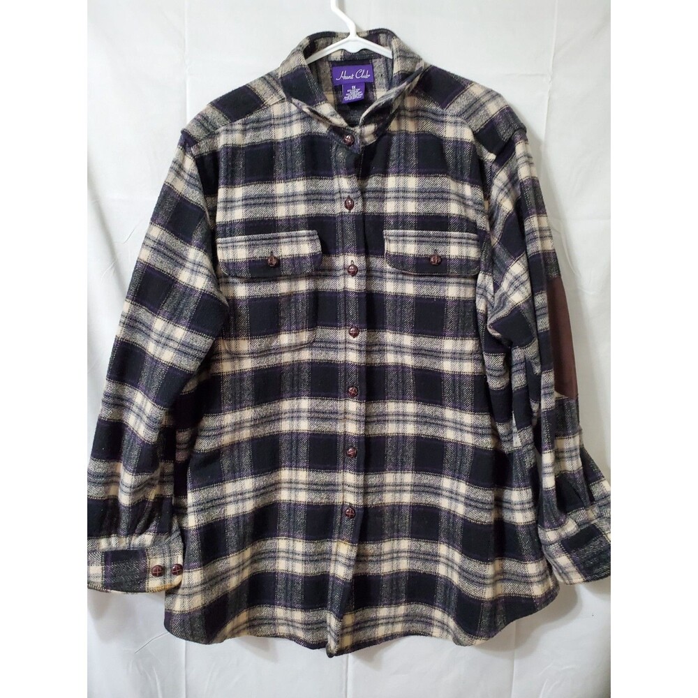 Hunt Club Plaid Flannel Button Down Shirt Women's 1X 30% Wool 10% Angora